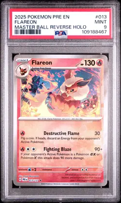 2025 POKEMON PRE EN-PRISMATIC EVOLUTIONS MASTER BALL REVERSE HOLO FLAREON PSA 9 - Image 1