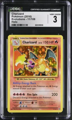 2016 Pokemon XY Evolutions Charizard Holo #11/108 – CGC 3 Very Good – Graded - Image 1