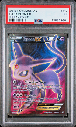 PSA 1 2016 Pokemon XY Breakpoint Full Art Espeon EX 117/122 Holo Foil - Image 1