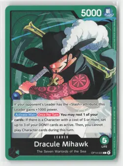 Dracule Mihawk OP14-020 Leader The Azure Sea's Seven One Piece Near Mint - Image 1