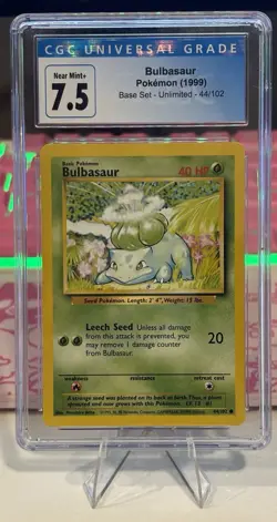 1999 POKEMON BASE SET UNLIMITED BULBASAUR 44/102 COMMON CGC 7.5 - Image 1