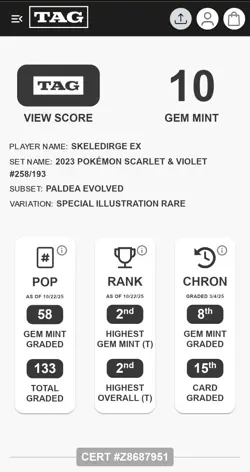 Pokemon Skeledirge EX TCG Holo Card Paldea Evolved 258/193 Tag 10 - Rank 2 - Image 3