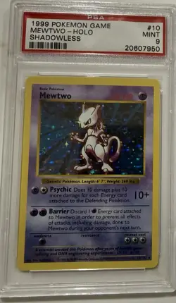 Pokemon Mewtwo #10 SHADOWLESS HOLO Foil 1999 Graded PSA MINT 9 - Image 1