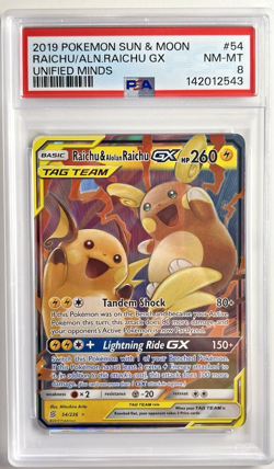 Pokemon TCG Raichu Alolan Tag Team GX Card Unified Minds 54/236 PSA 8 - Image 1