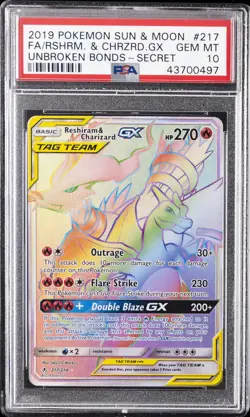 2019 POKEMON SUN & MOON UNBROKEN BONDS FULL ART/RESHIRAM & CHARIZARD GX PSA 10 - Image 1