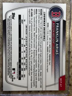 Franklin Arias 2025 Bowman 1st Yellow Mojo Refractor /75 BCP-67 Red Sox - Image 3