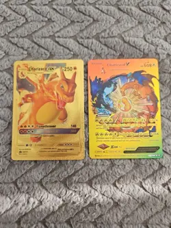 X2 Charizard V & GX Gold Foil Fan Art Vinyl Textured Collector Cards X2 - Image 1