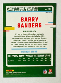2023 Donruss Optic Barry Sanders SILVER Prizm Card #60 Lions Legend! - Image 2