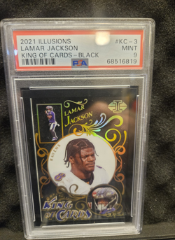 Panini 2021 Illusions King of Cards Lamar Jackson KC-3 Black /50 PSA 9 - Image 1