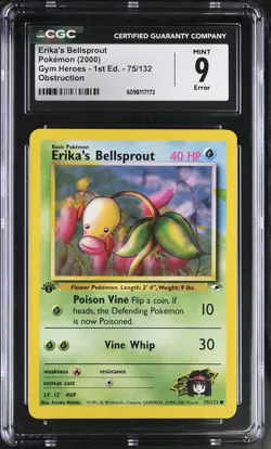 CGC 9 Erika's Bellsprout Gym Heroes 1st Edition Obstruction Error Pokemon Card - Image 1