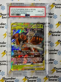 Pheromosa & Buzzwole GX #1 Unbroken Bonds 2019 Pokemon Sun & Moon PSA 8 - Image 1
