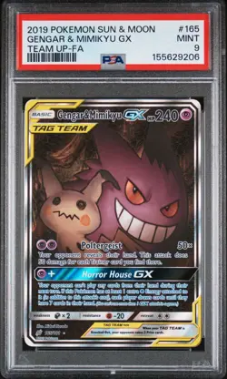 2019 POKEMON SUN & MOON TEAM UP #165 FULL ART/GENGAR & MIMIKYU GX PSA 9 MINT - Image 1