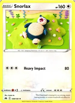 Pokemon TCG Snorlax Rare Crown Zenith 109/159 NM - Image 1