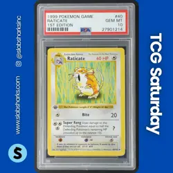 1999 POKEMON BASE SET SHADOWLESS 1ST EDITION #40/102 RATICATE PSA 10 - Image 1