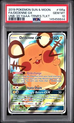 2019 POKEMON SUN & MOON UNBROKEN BONDS #195A FULL ART/DEDENNE GX PSA 10 - Image 1