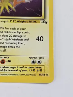 Pokemon TCG Zapdos 15/62 Fossil Unlimited Holo Rare HP - Image 5