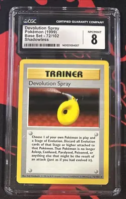 CGC 8 NEAR MINT / MINT Devolution Spray 1999 Base Set Shadowless Card 72/102 - Image 1