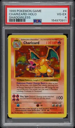 1999 POKEMON GAME SHADOWLESS #4 CHARIZARD-HOLO PSA 4 - Image 1