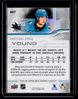 2024-25 Upper Deck Series 2 Young Guns #487 Michael Misa San Jose Sharks NM - Image 2