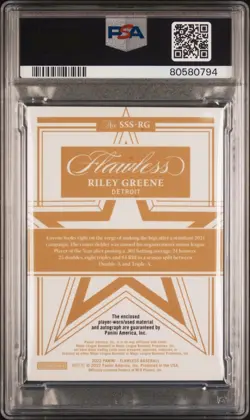 Riley Greene 2022 Flawless Patch Auto /15 PSA 10 Auto 10 RC RPA POP 1 - Image 2