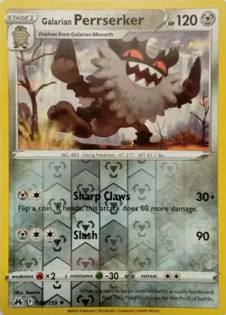 085/159 GALARIAN PERRSERKER REVERSE HOLO CROWN ZENITH POKEMON CARD - Image 1