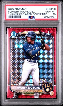 2025 Bowman - Chrome Prospects Yophery Rodriguez #BCP-36 Red Geometric /5 PSA 10 - Image 1