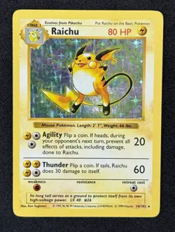 1999 Shadowless Base Set Raichu HOLO Pokemon Card #14/102 LP - Image 2