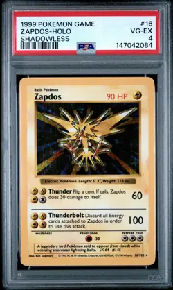 1999 POKEMON BASE SET SHADOWLESS #16 ZAPDOS-HOLO PSA 4 - Image 1