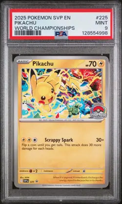 2025 POKEMON SVP EN-SV BLACK STAR PROMO WORLD CHAMPIONSHIPS #225 PIKACHU PSA 9 - Image 1