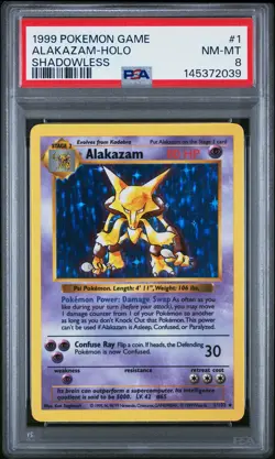 1999 POKEMON BASE SET SHADOWLESS #1 ALAKAZAM-HOLO PSA 8 - Image 1