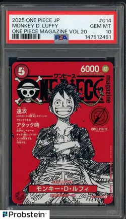 2025 ONE PIECE JPN PROMOS ONE PIECE MAGAZINE VOL.20 #014 MONKEY D. LUFFY PSA 10 - Image 1