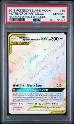 2019 POKEMON SM HIDDEN FATES SECRET #69 FA/MOLTRES & ZAPDOS & ARTICUNO GX PSA 10 - Image 1