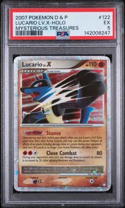 2007 POKEMON DIAMOND & PEARL MYSTERIOUS TREASURES #122 LUCARIO LV.X-HOLO PSA 5 - Image 1