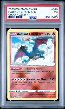2023 POKEMON SWORD & SHIELD CROWN ZENITH #020 RADIANT CHARIZARD PSA 3 - Image 1