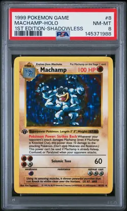 1999 POKEMON BASE SET 1ST EDITION-SHADOWLESS #8 MACHAMP-HOLO PSA 8 - Image 1