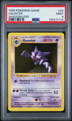 1999 POKEMON BASE SET SHADOWLESS #29 HAUNTER PSA 9 - Image 1