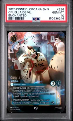 2025 DISNEY LORCANA EN 9-FABLED ENCHANTED CRUELLA DE VIL - STYLE ICON PSA 10 - Image 1