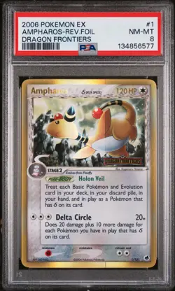2006 POKEMON EX DRAGON FRONTIERS #1 AMPHAROS-REVERSE FOIL PSA 8 - Image 1