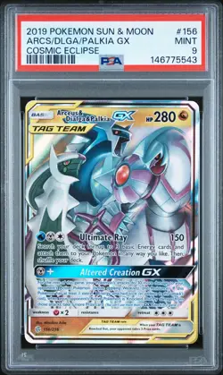 2019 POKEMON SUN & MOON COSMIC ECLIPSE #156 ARCEUS & DIALGA & PALKIA GX PSA 9 - Image 1