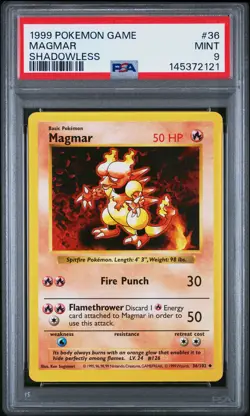 1999 POKEMON BASE SET SHADOWLESS #36 MAGMAR PSA 9 - Image 1