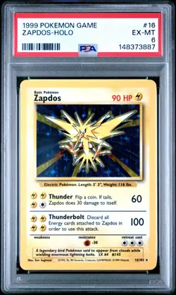 1999 POKEMON BASE SET UNLIMITED #16 ZAPDOS-HOLO PSA 6 - Image 1