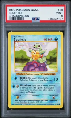 1999 POKEMON BASE SET SHADOWLESS #63 SQUIRTLE PSA 9 - Image 1