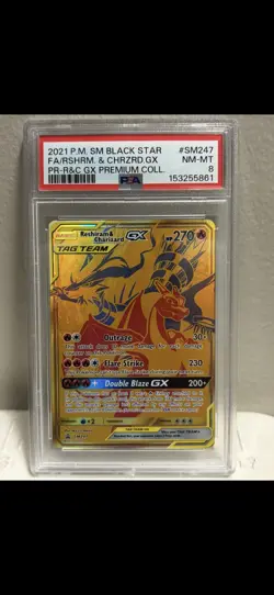2021 POKEMON SM BLACK STAR PROMO #SM247 FULL ART/RESHIRAM & CHARIZARD GX PSA 8 - Image 1