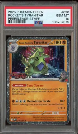 #1 2025 Pokemon DRI EN Pre-Release Staff #096 Rocket's Tyranitar PSA 10 - Image 1