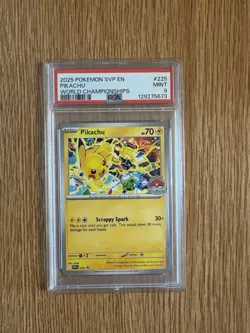2025 POKEMON SVP EN-SV BLACK STAR PROMO WORLD CHAMPIONSHIPS #225 PIKACHU PSA 9 - Image 1
