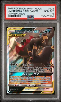 2019 POKEMON SUN & MOON UNIFIED MINDS #125 UMBREON & DARKRAI GX PSA 10 - Image 1