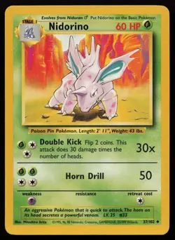 Nidorino 37/102 Uncommon Base Set Unlimited Pokemon NM - Image 1