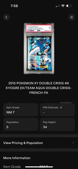 POP 5 POKEMON XY DOUBLE CRISIS FRENCH #6/34 FULL ART/TEAM AQUA'S KYOGRE EX PSA 7 - Image 3
