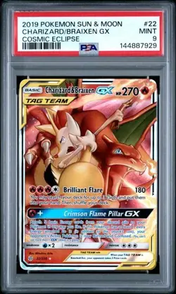 PSA 9 Charizard & Braixen GX 22/236 Pokemon Cosmic Eclipse Tag Team - Image 1