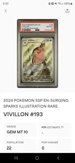 PSA 10 Vivillon 193/191 IR Surging Sparks Pokemon Card GEM MINT - Population 22 - Image 3